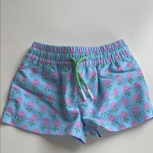 The Beaufort Bonnet Company Blue Floral Swim Trunks with Pink Flowers